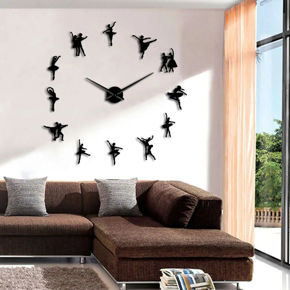 발레리나 3D 시계 벽 스티커 큰 벽 시계 현대 디자인 프레임이없는 거인 발레 댄서 벽 예술 장식 하우스 시계