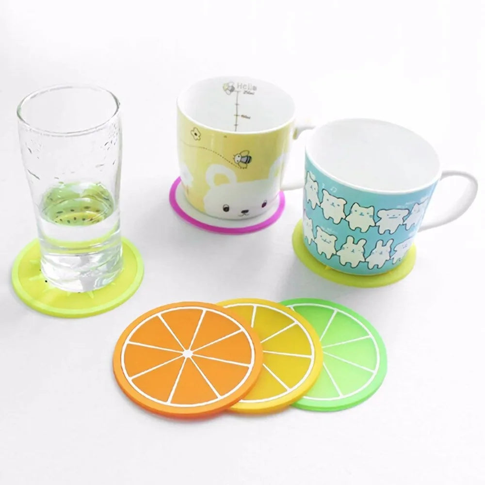 6 pcs Colorful Hot Drink Holder Jelly Color Fruit Shape Coasters Creative Skid Insulation Silicone Gel Cup Mat Pad