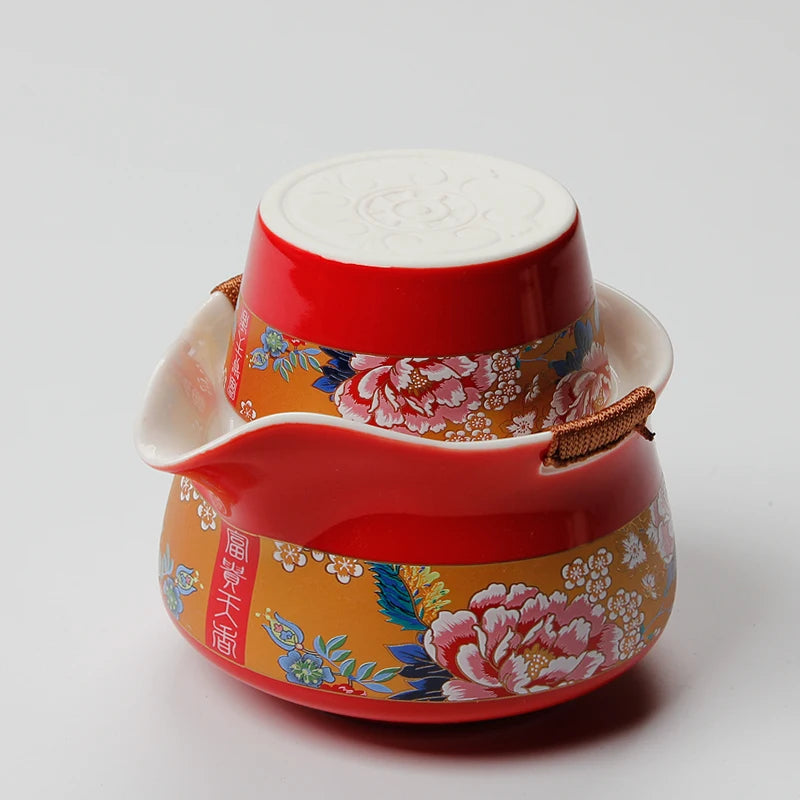 Rød glasur gul glasur keramisk tesæt, rejse gai wan teaset inkluderer 1 pot 1 kop, rigdom fantasy rejse bærbar gong fu gaiwan