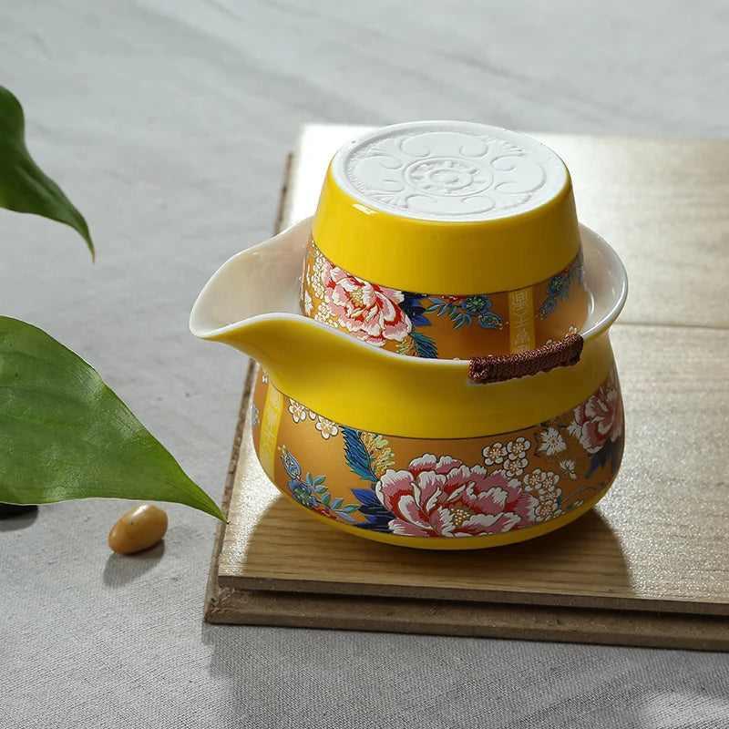 Červená glazura žlutá glazura keramický čaj, cestování gai wan teaset zahrnuje 1 pot 1 šálek, bohatství fantasy cestování přenosné gong fu gaiwan