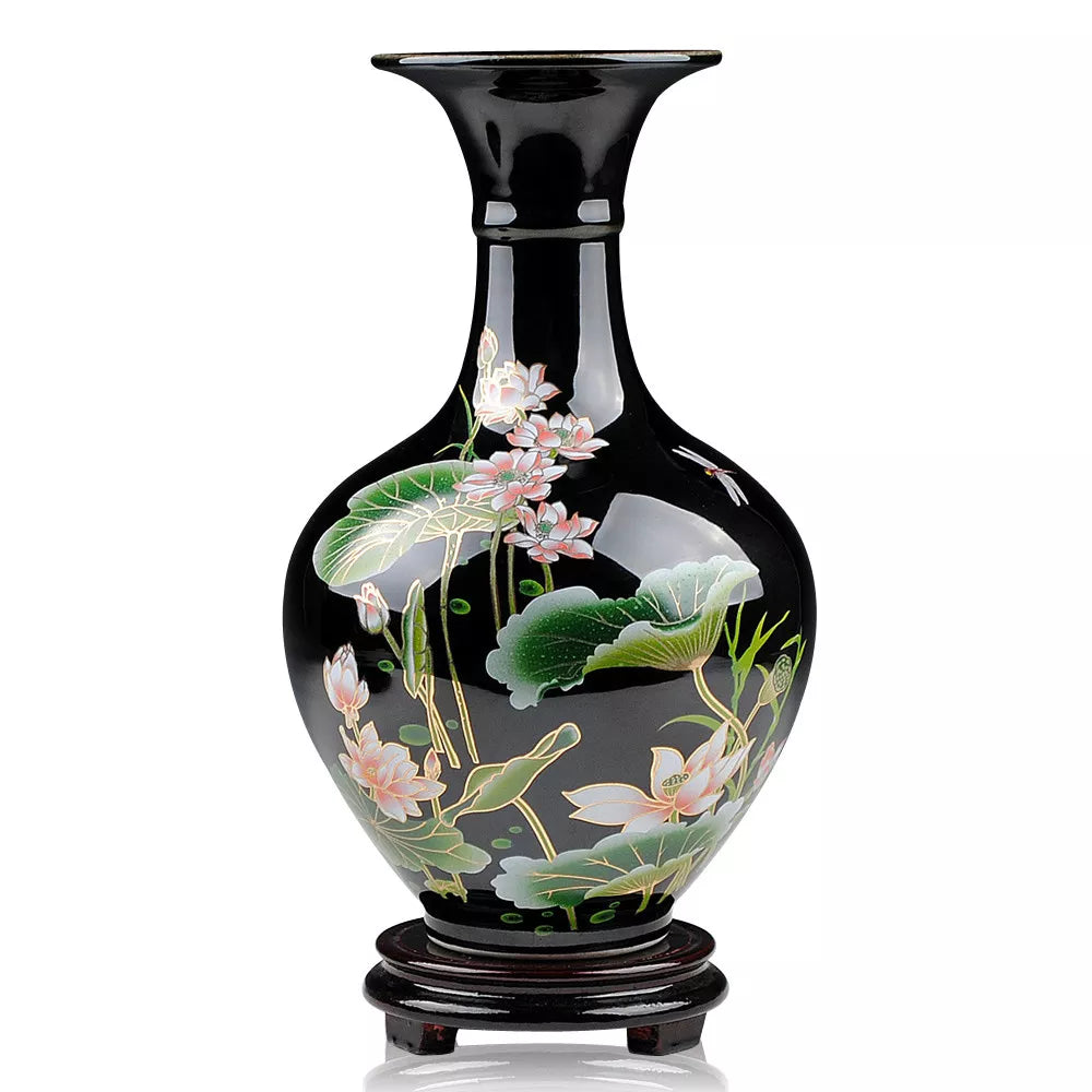 Jingdezhen Sharply Glaze Black Ceramic Vase Lotus Pattern For Modern Home Sitting Room Adornment