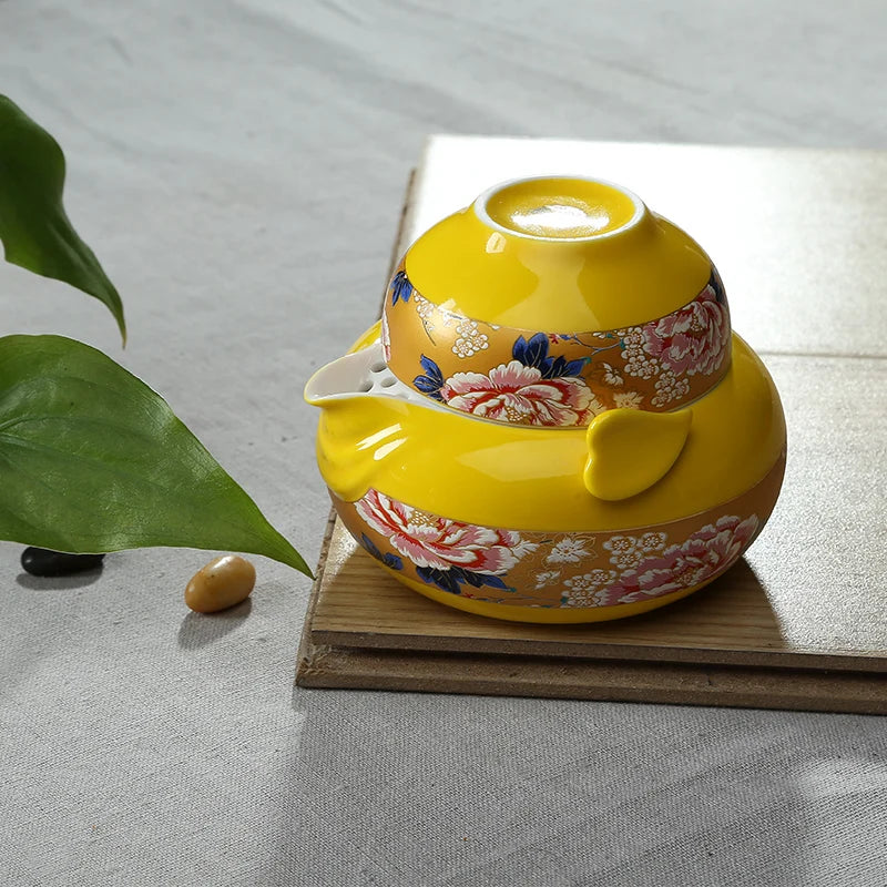 Set da tè in ceramica glassa gialla rossa, da viaggio gai wan teaset include 1 pentola 1 tazza, viaggio fantasy ricchezza portatile gong fu gaiwan