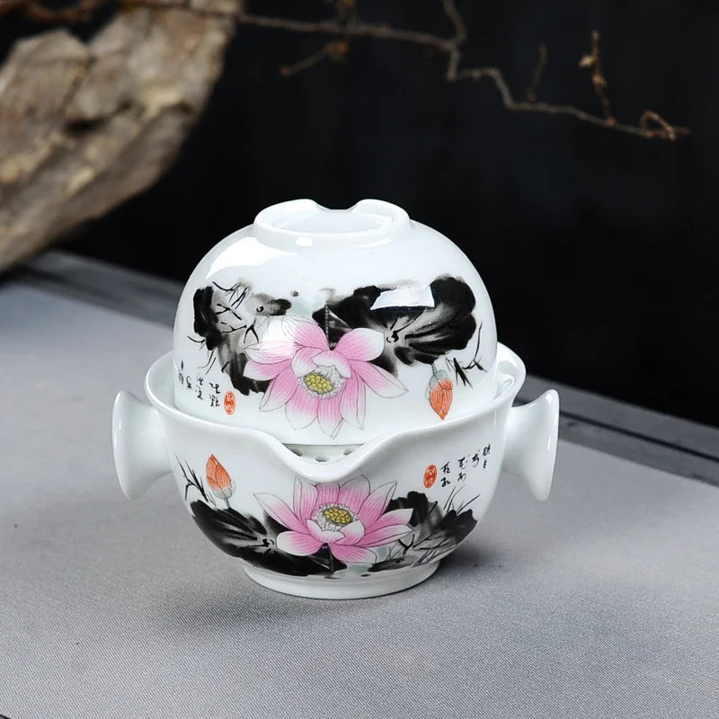 Lukisan Landskap Cina Set Tea Perjalanan termasuk 1 periuk 1 cawan, cerek teko yang indah dan mudah, gaiwan gaiwan elegan kung fu