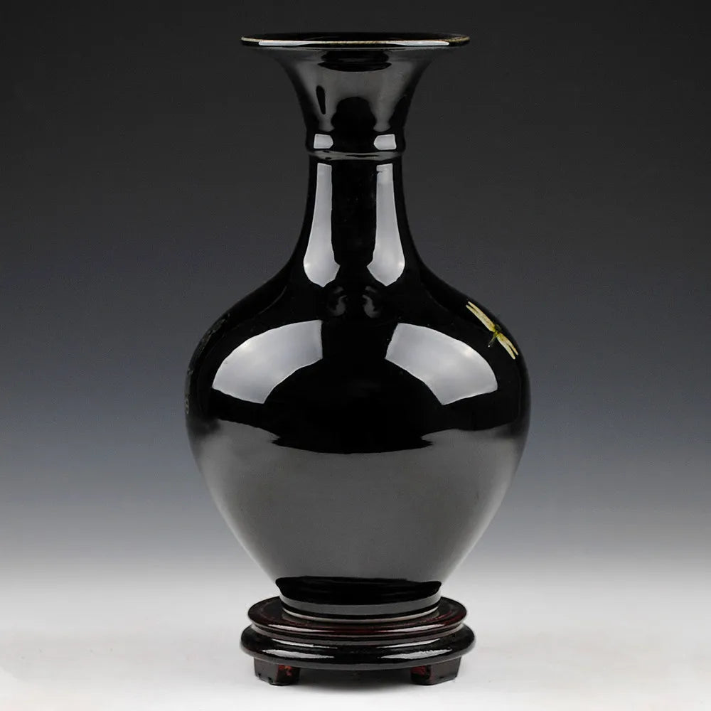 Jingdezhen terävästi lasite mustalla keraamisella maljakko -lootuskuviolla modernille kodin olohuoneelle koristeelle