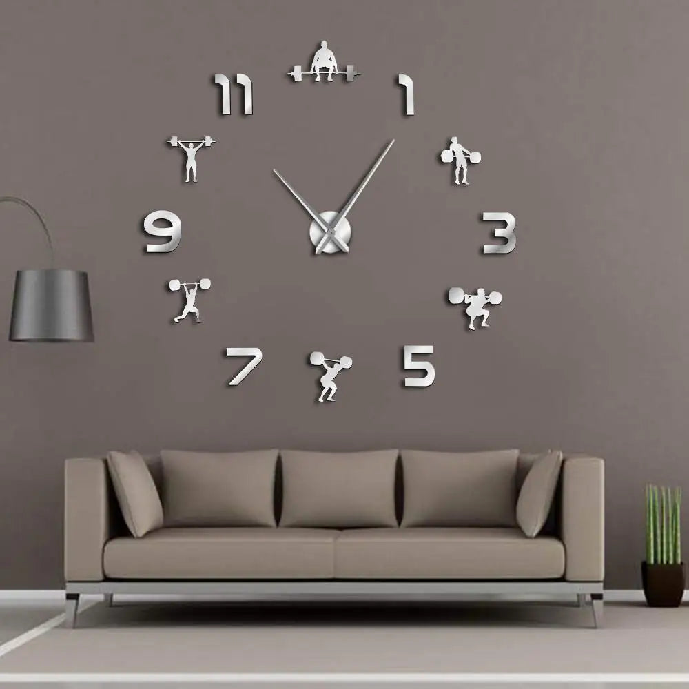 Weightlifting Fitness Room Wall Decor DIY Giant Mute Wall Clock Mirror Effect Powerlifting Frameless Large GYM Wall Clock Watch
