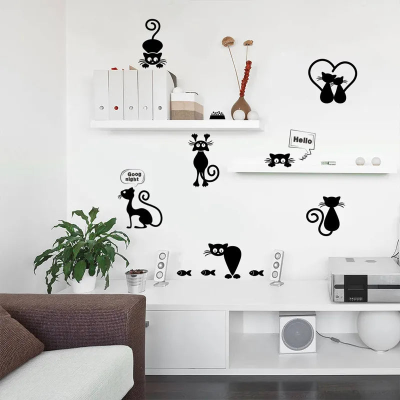 Karikatür Siyah Kitty Switch Sticker Ev Dekoru Oturma Odası Arka Plan Dekorasyon Duvar Sanat Çıkartmaları Yaratıcı Diy Kediler Duvar Çıkartmaları