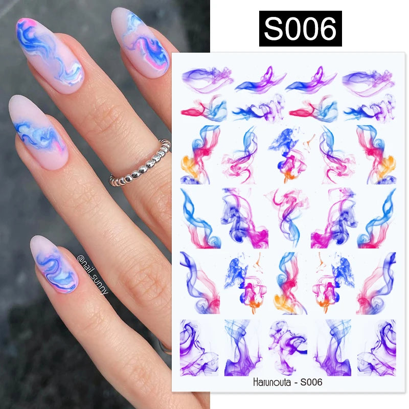 3D Marble Blue Golden Nail Sticker Wave Line Geometry Abstract Ink Blooming Nail Art Sliders Decals Manicure Decorations