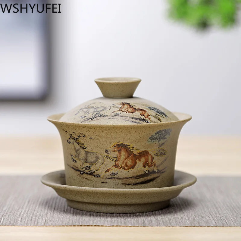 Wshyufei jingdezhen cerâmica gaiwan tigela de grés de estilo chinês de estilo chinês Conjunto de chá retrô