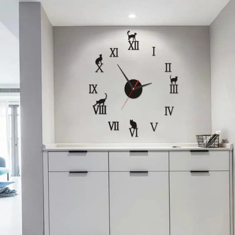 Modern Home Decor Wall Clocks Brief Roman Number Mirror Diy Clocks Digital Watch Quartz Living Room 3D Cat Design Wall Stickers