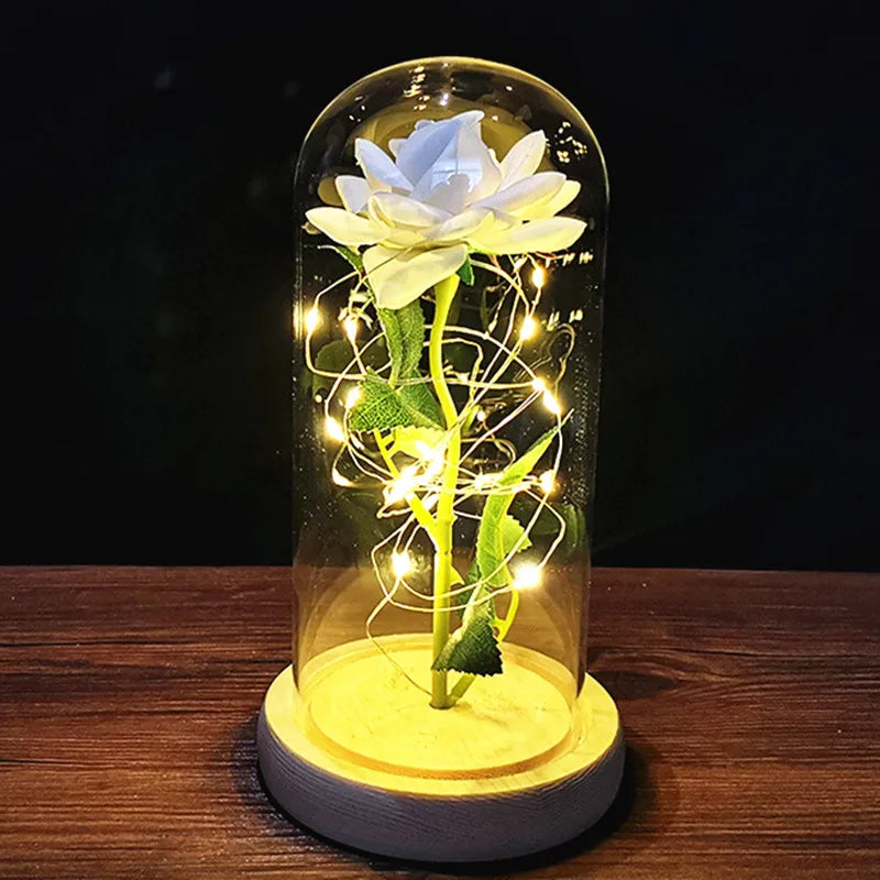 2022 LED Zaczarowana galaktyka róża wieczna 24 -karatowa złota folia kwiat z bajkowymi światłami sznurkowymi w kopułach na Boże Narodzenie Walentynki Prezent