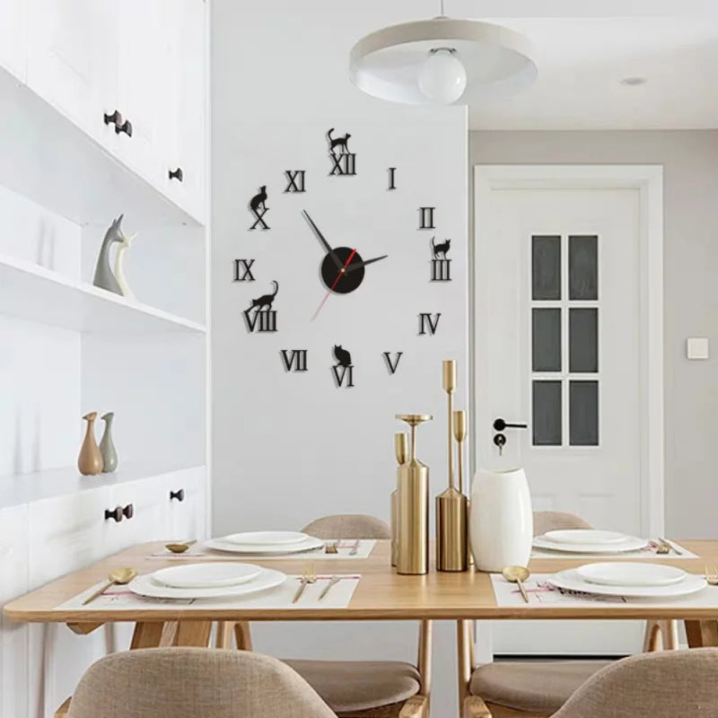 Moderne Wohnkultur Wanduhren kurze Römische Zahl Mirror DIY Uhren Digital Uhr Quarz Wohnzimmer 3D Katze Design Wandaufkleber
