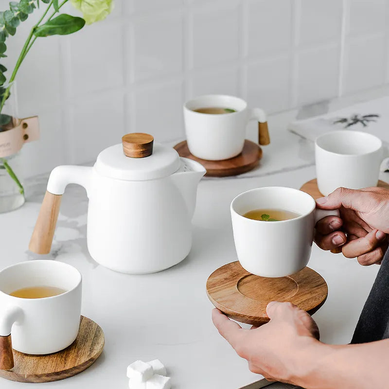 Japanese Style Tea Set Wooden Handle Ceramic Tea Pot Thickened High Borosilicate Glass Transparent Heat Resistant Tea Pot