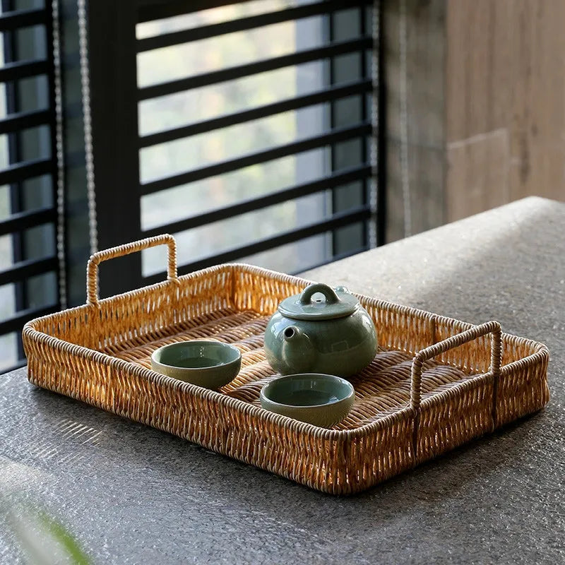 Plastic Storage Tray With Handle Imitation Rattan Weaving Basket Sundries Plate Fruit Platter Tea Tray Dinner Serving Tray
