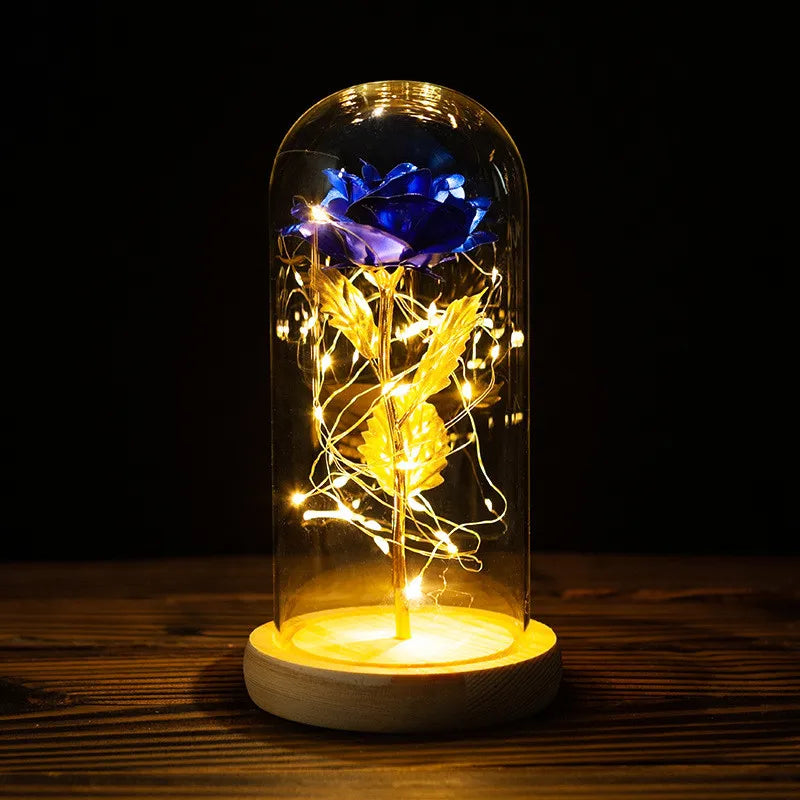 2022 LED encantou Galaxy Rose Eternal 24K Floil Gold Foil Flor com luzes de cordas de fada em Dome para presente de Natal