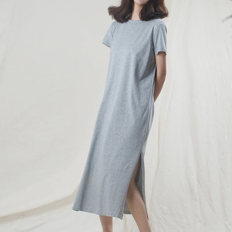 Casual 94% Cotton Summer Women's Dresses Solid Short Sleeve Spilt Long Midi Dress Fashion Sundress Female Clothing