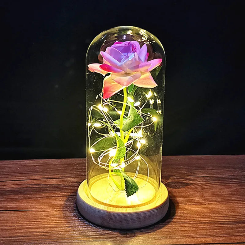 2022 LED Zaczarowana galaktyka róża wieczna 24 -karatowa złota folia kwiat z bajkowymi światłami sznurkowymi w kopułach na Boże Narodzenie Walentynki Prezent