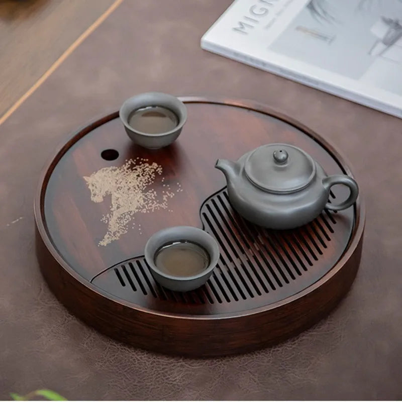 Yuvarlak Bambu Çay Tepsisi Yüksek Kaliteli Çin Kung-Fu Set At Desen Çay Plakası Depolama Çay Tanı CHA PAN