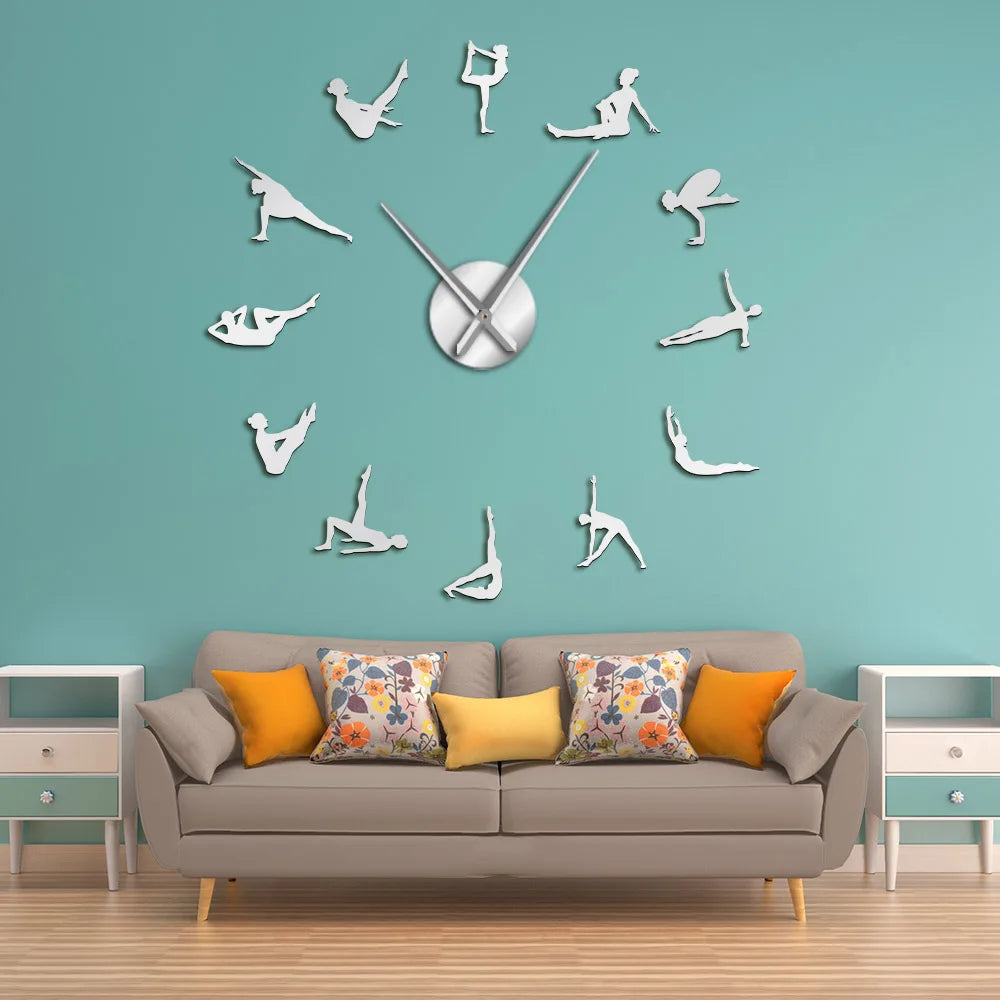Pilates Poses Diy Big Needles Wall Clock For Girls Room Fitness Center Sport Exercise Health Quiet Watch Home GYM Decor Clock