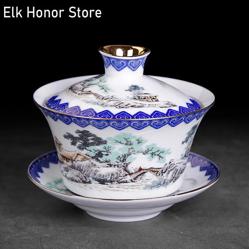 300 مللي سلطانية شاي زرقاء وبيضاء مرسومة يدويًا منظر طبيعي فن سانكاي فنجان شاي GaiWan الكونغ فو الشاي إكسسوارات ديكور منزلي هدايا