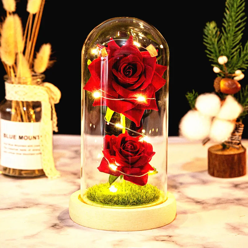 2022 LED Enchanted Galaxy Rose Eternal 24K Guldfolieblomst med fe -strengelys i Dome til jul Valentinsdag gave