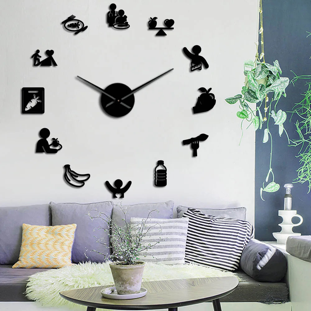 Nutrition Care DIY Giant Frameless Wall Clock Healthy Eating Nutritionist Large Non ticking Silent Watch Mirror Stickers