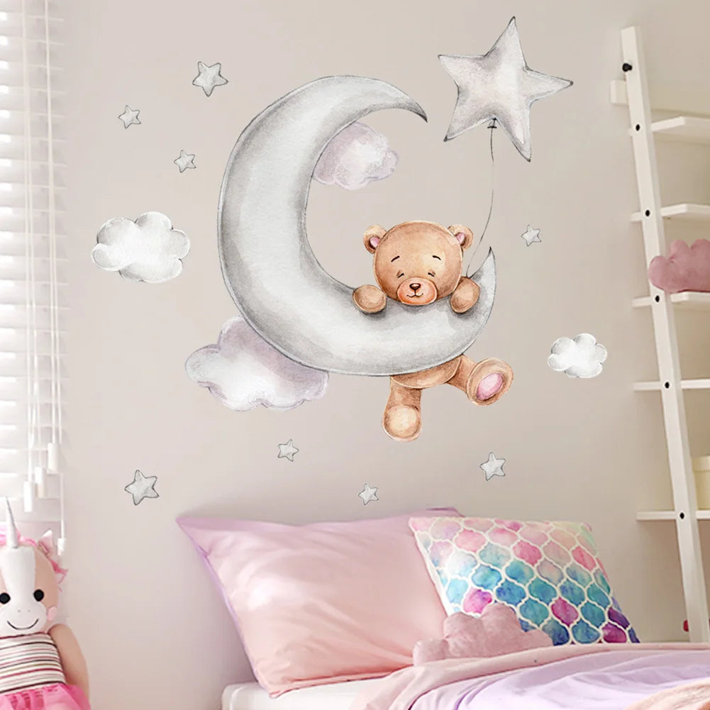 Bear Moon Clouds Stars Wall Stickers Bedroom For Baby Kids Room Background Home Decoration Living Room Wallpaper Nursery Sticker