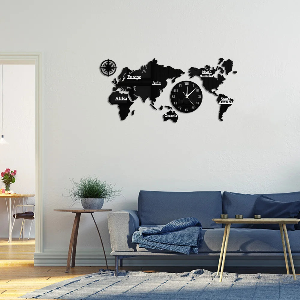 خريطة العالم ساعة حائط حديثة ديكور المنزل ساعة حائط كبيرة صامتة غير موقوتة ساعة حائط مكتب الجغرافيا جدار الفن فكرة هدية السفر