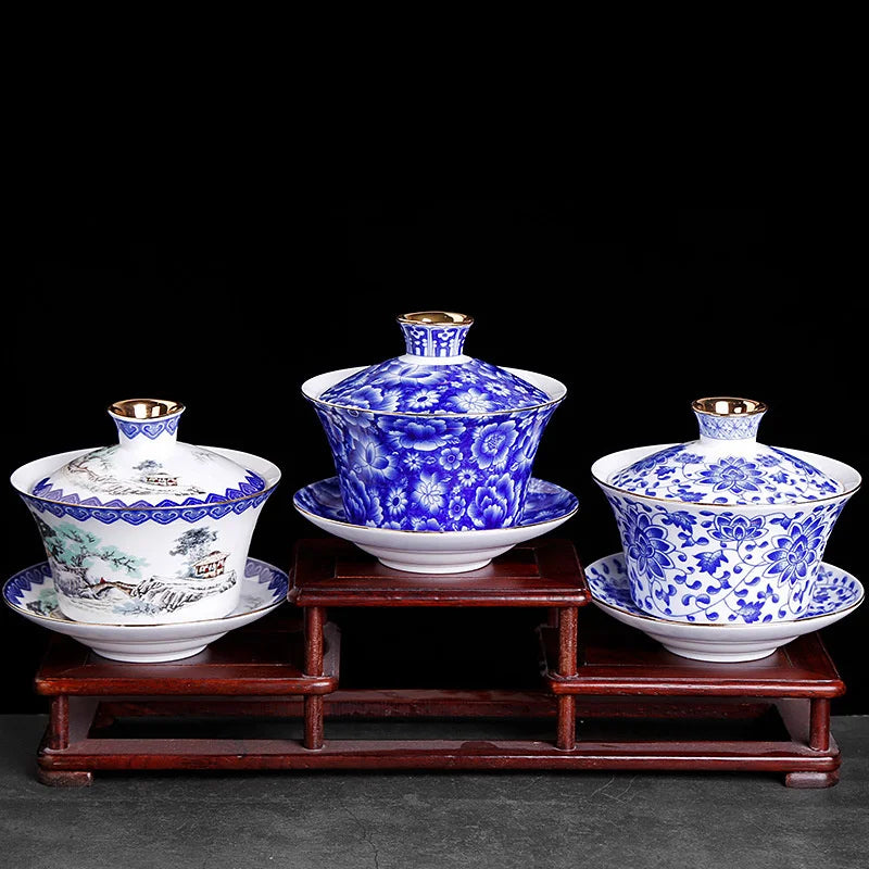 300 ml blauwe en witte thee tureen handgeschilderde landschapskunst sanjai theekop gaiwan kung fu thee home decoratie accessoires geschenken