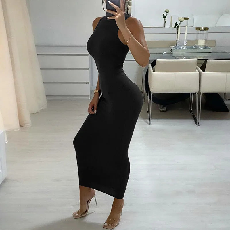 CNYISHE Ribbed Knitted Autumn Black Maxi Dress Women 2021 Sexy Party Bodycon Long Dress Round Neck Tight Dresses Robes Sundress