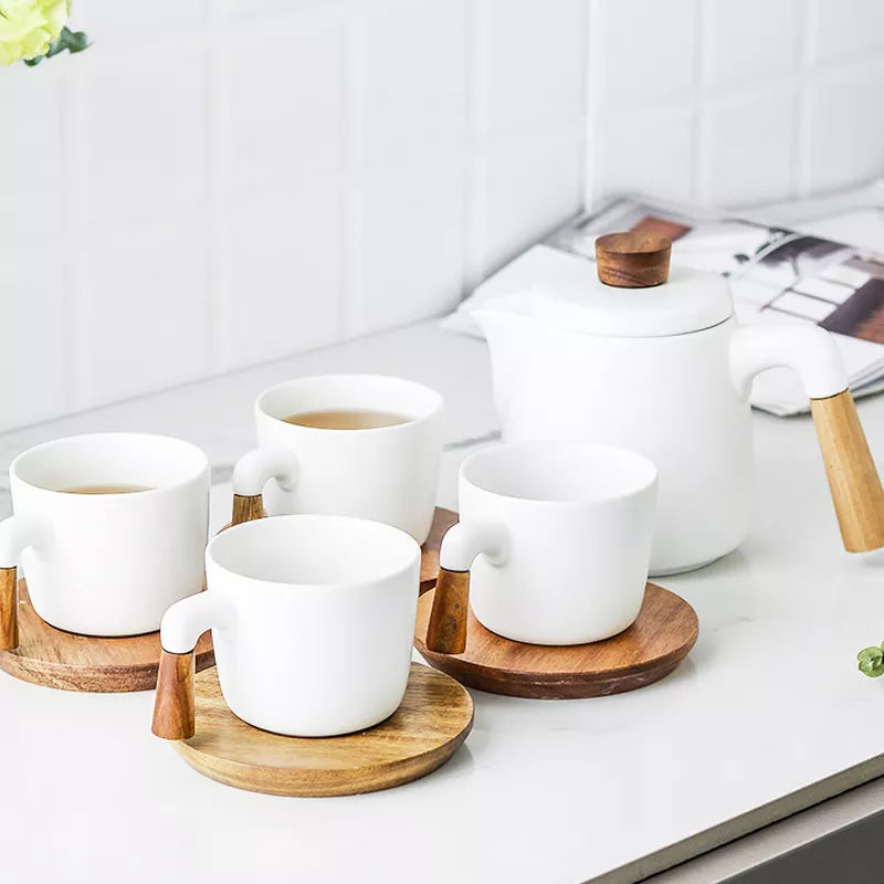 Juego de té de estilo japonés Manejo de madera Té de cerámica Té en espesor Vidrículas altas de borosilicato Té resistente al calor transparente