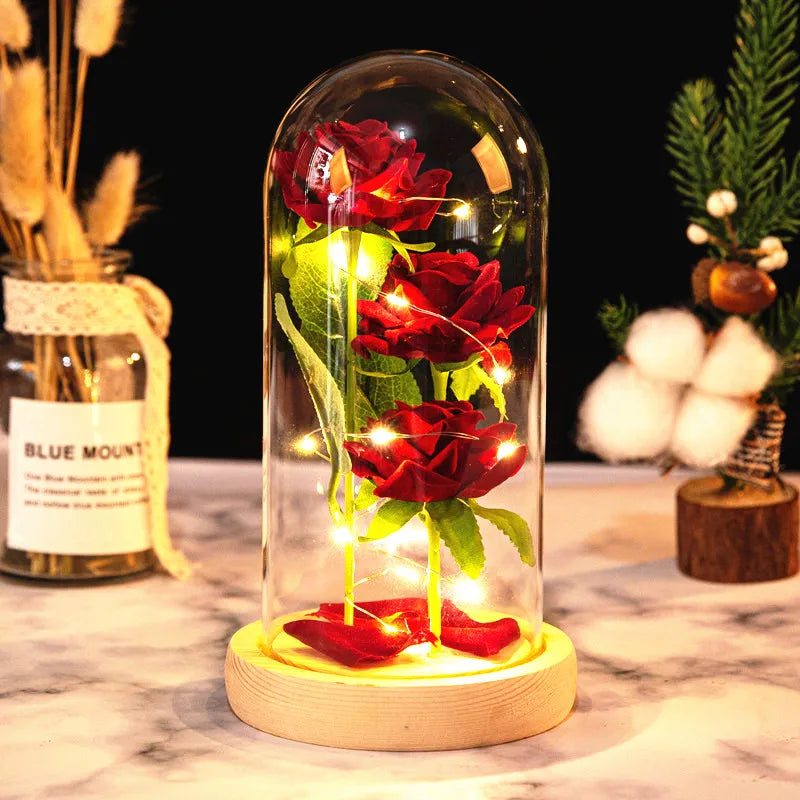 2022 LED büyülü Galaxy Rose Ebedi 24K Altın Folyo Çiçeği Noel Sevgililer Günü Hediyesi için Dome'da Peri Dize Işıkları