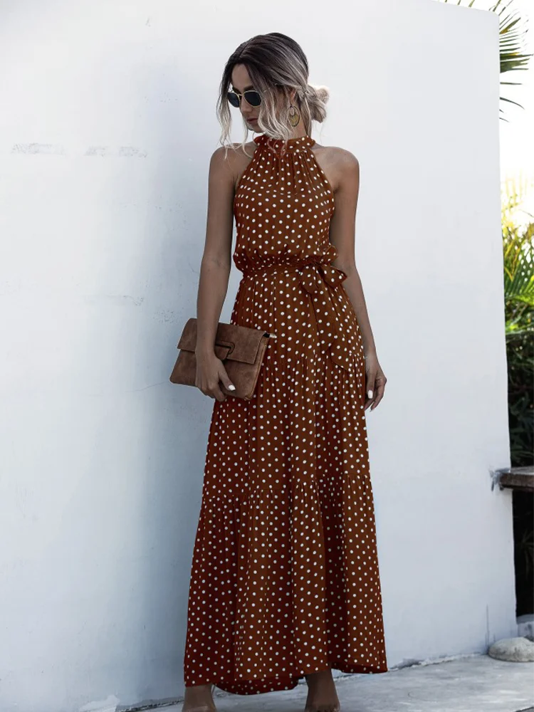 Summer Long Dress With Polka Dot Printing Casual Hanging Neck Off-shoulder Swing Dress 2021 Women's Large Summer Elegant