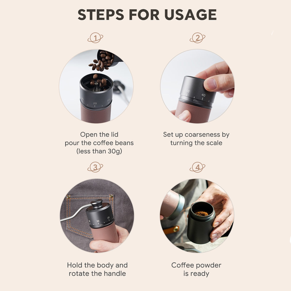 Manual de amoleras de café Icafilas 420 acero inoxidable 30 g de potencia de café 7core 40 mm de titanio cremallera manual