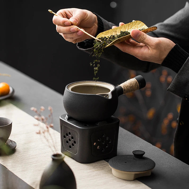 Japansk stil grov keramik sidhandtag tekanna stor kapacitet bärbar tepanna med handtage handgjorda teaware kung fu tesatser