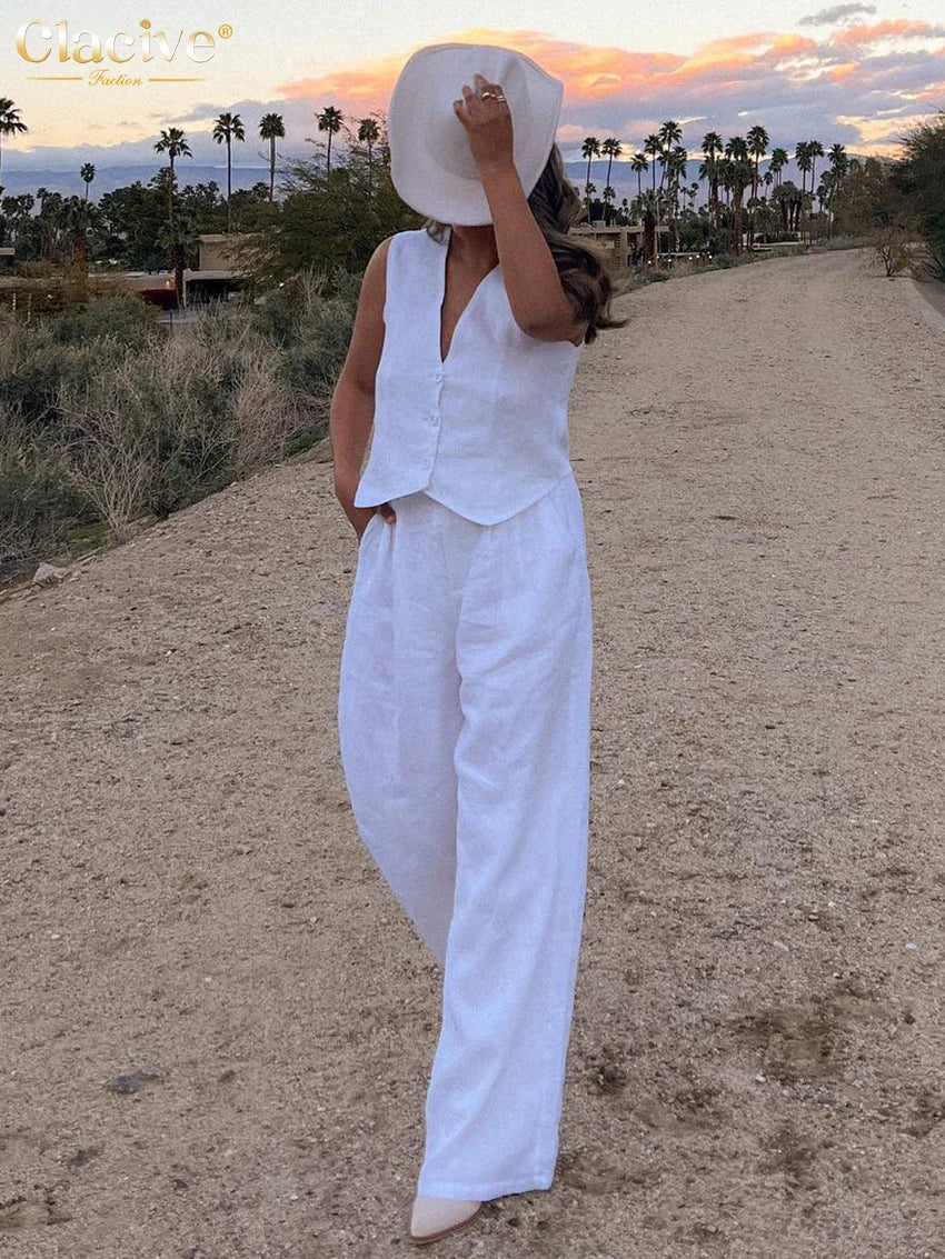 Clacive Summer White Linen Two Piece Set For Women 2023 Fashion Sleeveless Tank Top New In Matching High Waist Wide Pants Set