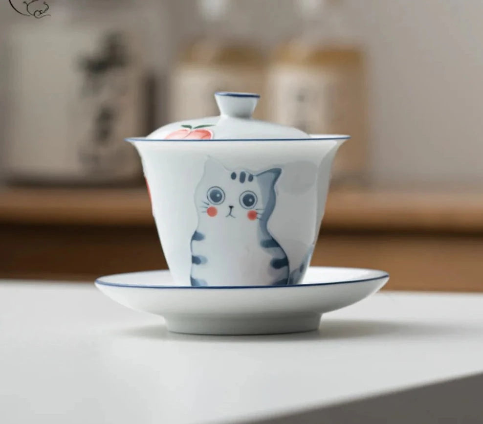 150ml Kucing Lukis Kucing Keramik Gaiwan Luxury Tea Bowl dengan Sawan Tutup Kit Teh Tureen Tea Maker Cover Bowl Cafes Cuplies Craft