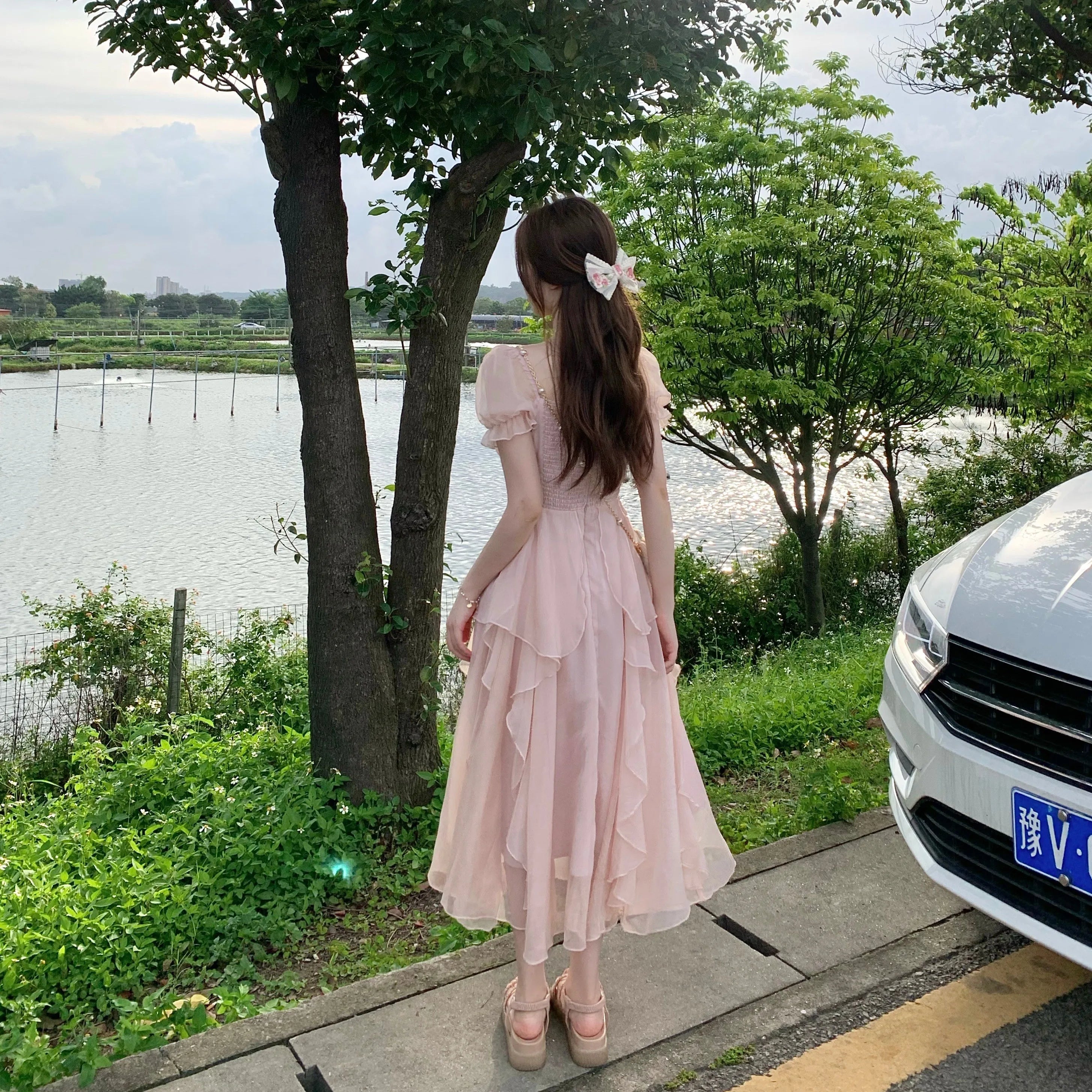 Summer Chiffon Fairy Dress Women Solid Elegant Party Midi Dress Female Casual Sweet Korean Fashion Pink Dress 2023 New Clothes