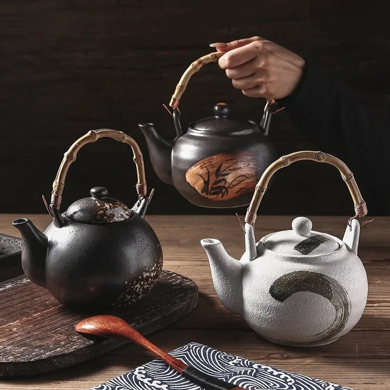 Large Capacity Japanese Style Ceramic Teapot Teaware with Rattan Handle Hand-painted Tea Sets Tea Kettle Tea Pot Tea Maker