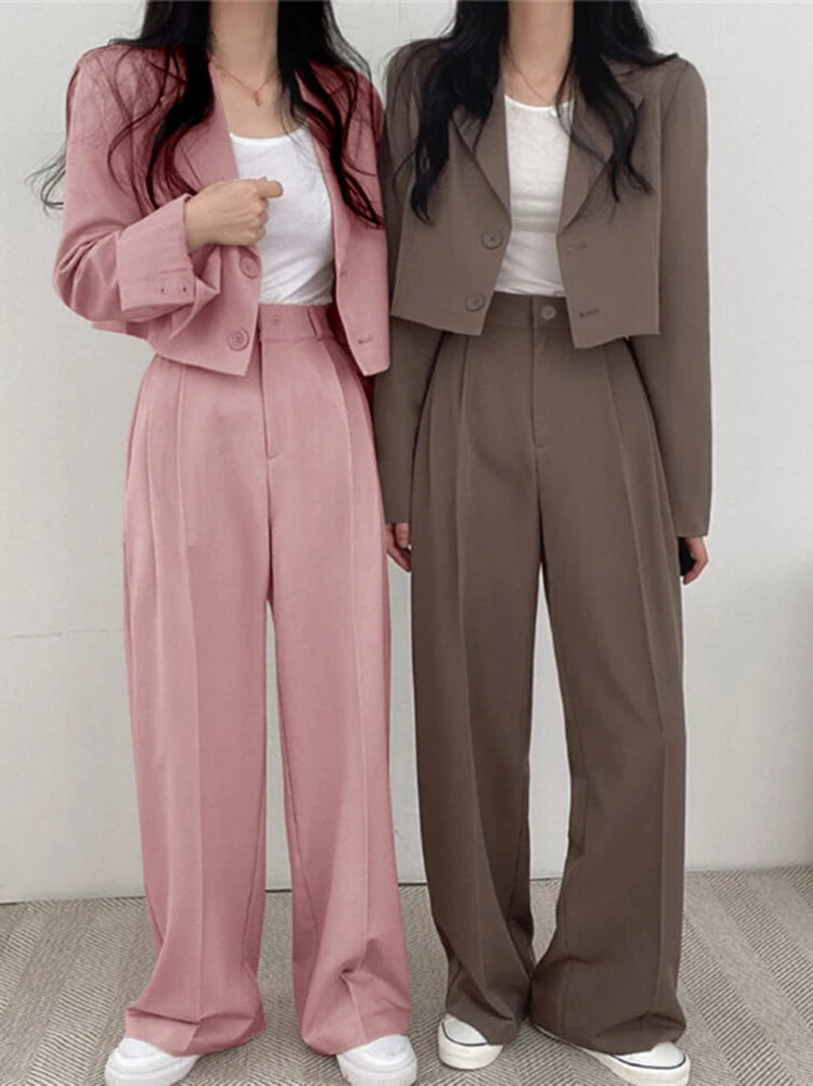 Korean OL Short Suits Sets Women Casual Loose Crop Blazers Jackets Conjunto New High Waist Wide Leg Pants Ensemble Offcie Outfit