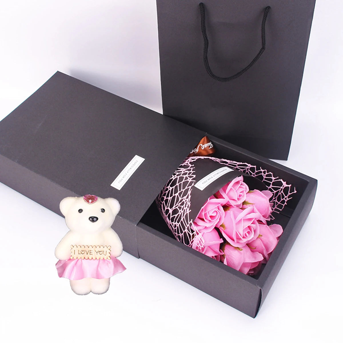 1PC Ręcznie robione 7 Rose mydel Bukiet Little Bear Gift Box, Creative Walentynki Dzień Matki Przyjęcie urodzinowe Rose Flower Prezent
