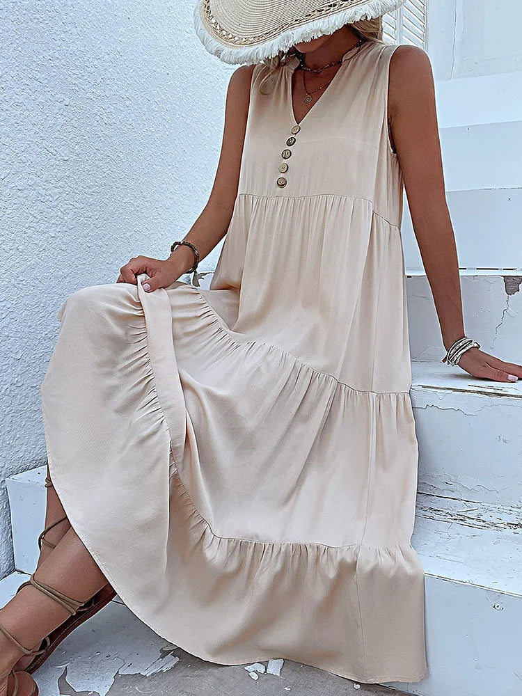 Casual Summer Midi Dress Women Sleeveless Tank V Neck Buttons Ruffle Loose Dresses Beach Soild Sundress Fashion