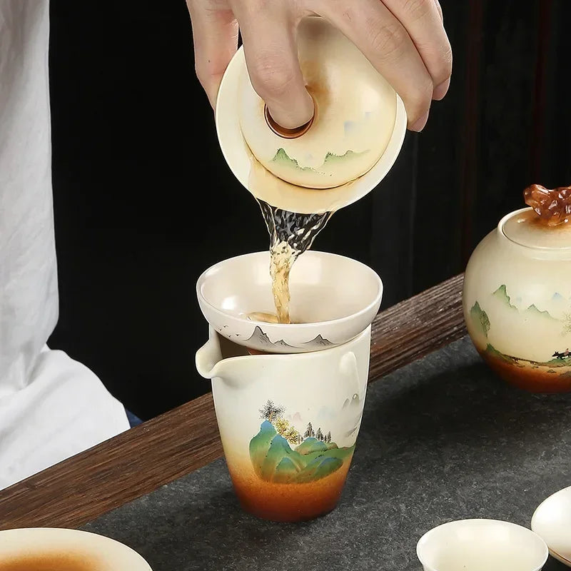 Handpainted Sancai Gaiwan Retro Pottery Japanese Teaware Set Ceramic Tea Tureen Kung Fu Tea Cups Tea Bowl Cup