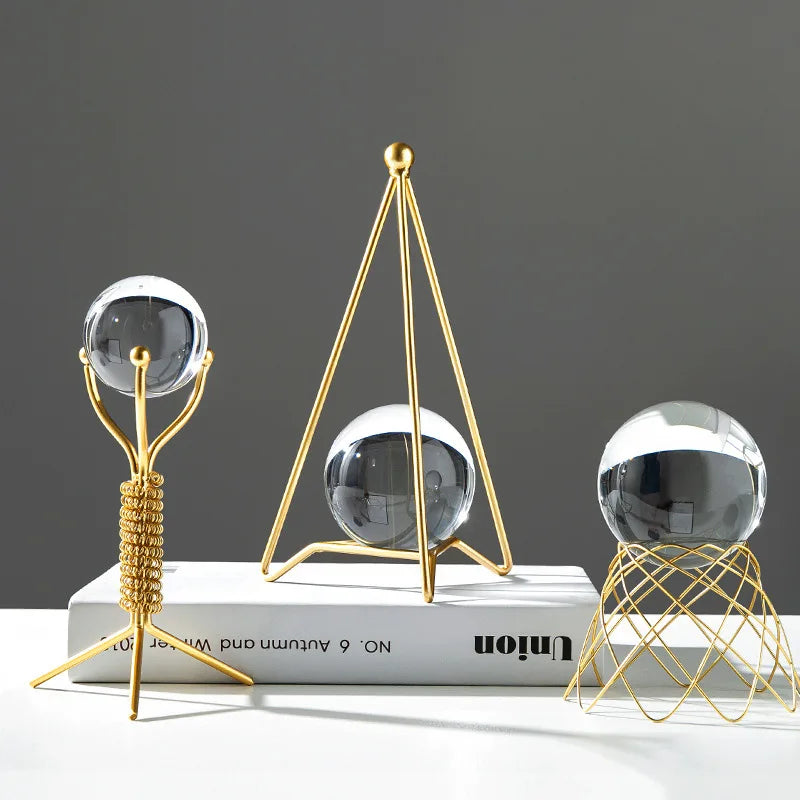 Nordic Metal Crystal Ball Ornaments Crafts Creative Geometric Abstract Shape Display Stand Bedroom Iron Furnishings Decoration
