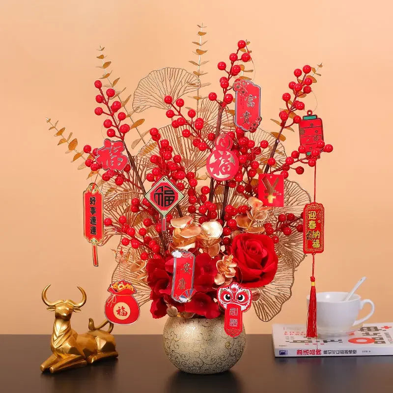 Fake Red Fortune Fruit Ceramic Vase Set Accessories Art New Year Wedding Opening Ornaments Home Livingroom Furnishing Decoration