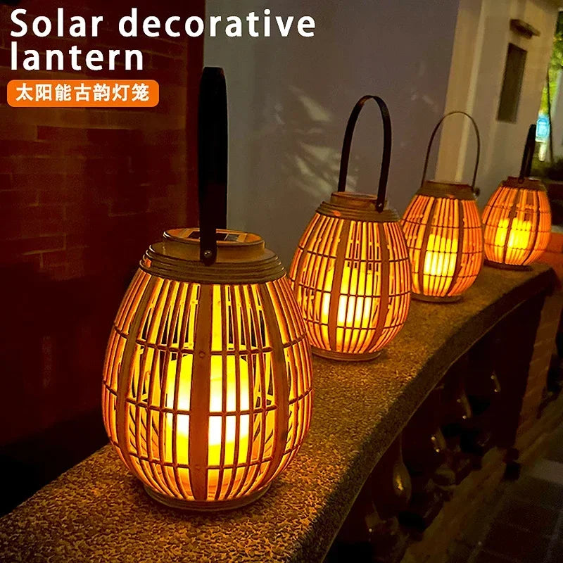 Outdoor Solar Imitation Rattan Lantern Courtyard Balkon Gartendekoration Kerze Lichter kreative Atmosphäre Bamboo Kronleuchter