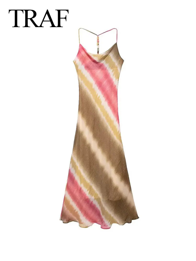 TRAF Summer Female Stylish Dress Fish Tail Hem Sleeveless High Waist Tie Dye Hanging Neck Open Back Women's Midi Elegant Dress