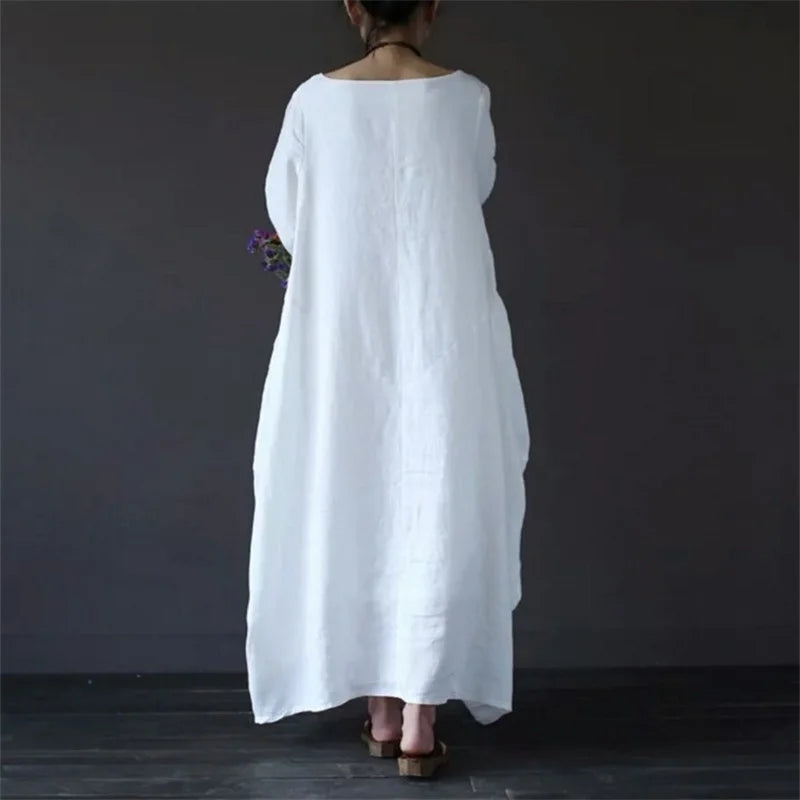 2022 Spring New Loose Size Round Neck Mid-Sleeve Large Swing Cotton And Linen Long Dress