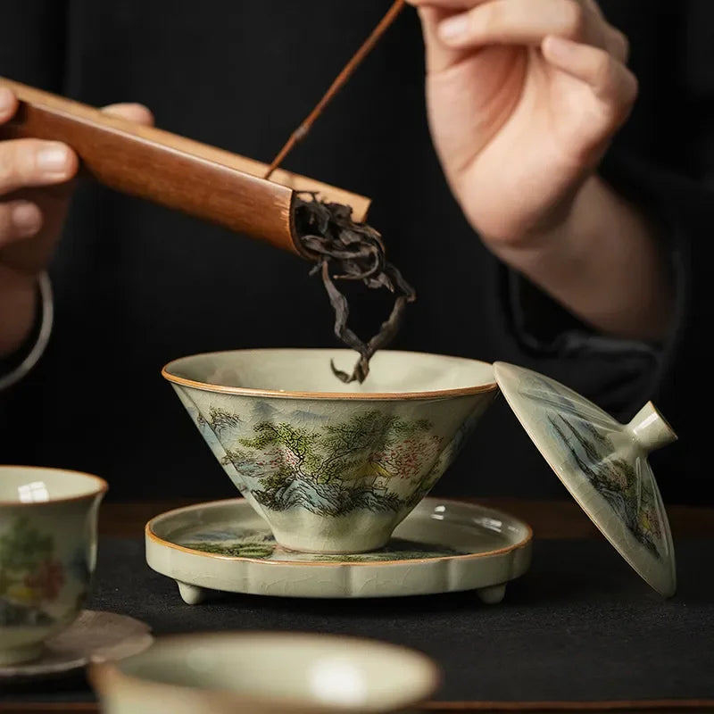 Jingdezhen-Ceramic Tea Cup med bambuhatt, traditionell handgjorda tevaror, enkel skål, kung fu te med lock, sancai gaiwan