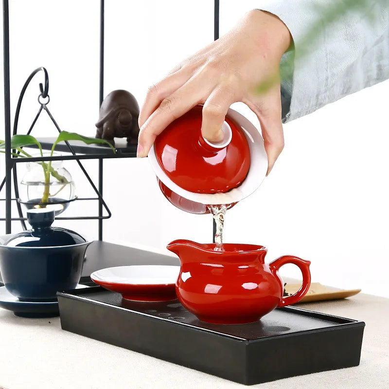 Indigo glaze teh seramik tureen cawan biru gaiwan teh porselin periuk set perjalanan cerek tangan dicat merah penutup mangkuk teh set 180ml
