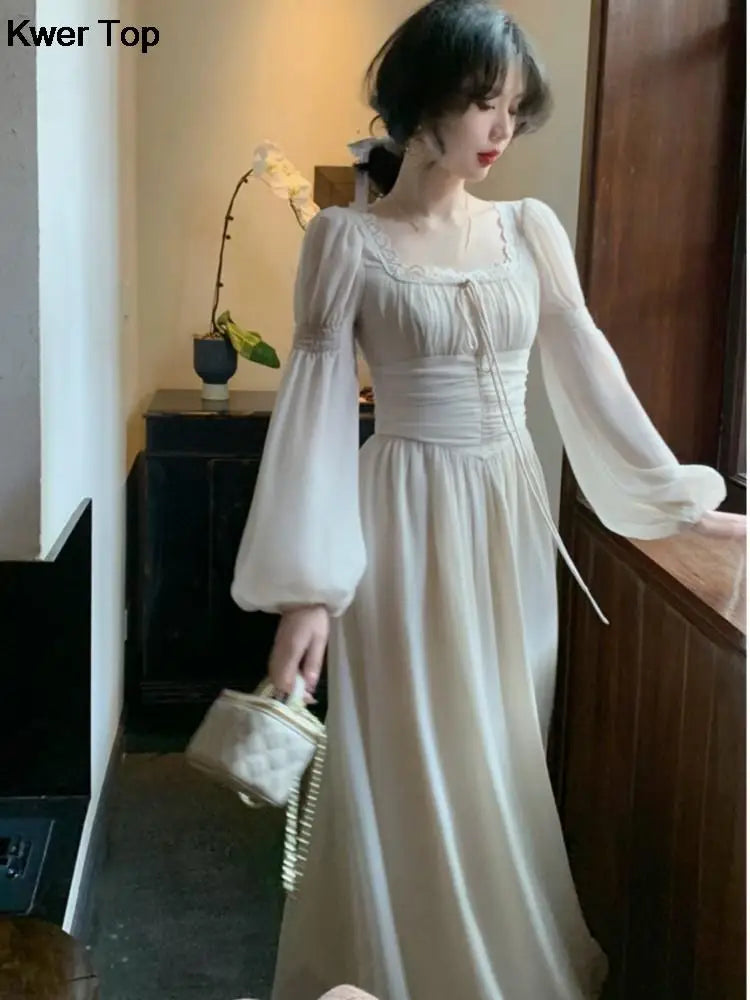 French Elegant Princess Evening Party Midi Dresses for Women Autumn Slim Bandage Long Sleeve Vestidos Korean Spring Clothes